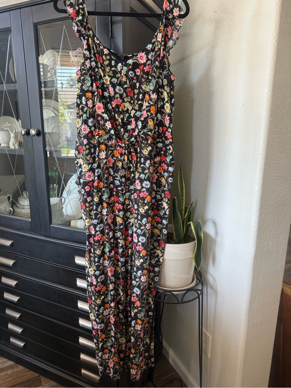 LOFT Black Floral Maxi Jumpsuit with Tie Waist
